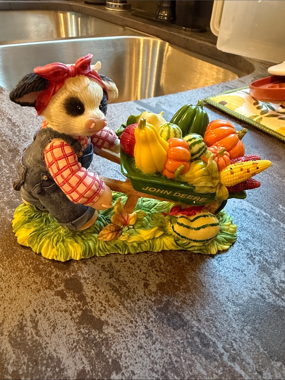 Enesco Mary Moos John Deere Green Wheelbarrow Fall Figurine with Red Accents